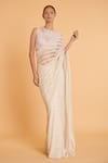 Buy_Siddartha Tytler_Ivory Net Hand Embroidered Striped High Neck Saree With Blouse  _at_Aza_Fashions