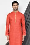 Aryavir Malhotra_Red Cotton Plain Mandarin Collar Straight Kurta _at_Aza_Fashions