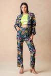 Shop_Thetaa_Multi Color Cupro Silk Printed Jungle Coat Lapel Collar Pant Set _Online_at_Aza_Fashions