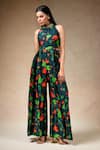 Thetaa_Blue Cupro Silk Printed Lily Band Collar Jumpsuit _Online_at_Aza_Fashions