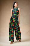 Buy_Thetaa_Blue Cupro Silk Printed Lily Band Collar Jumpsuit _Online_at_Aza_Fashions