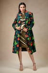 Buy_Thetaa_Multi Color Cupro Silk Printed Lily Coat Lapel Trench With Bodycon Dress _at_Aza_Fashions