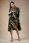 Shop_Thetaa_Multi Color Cupro Silk Printed Lily Coat Lapel Trench With Bodycon Dress _Online_at_Aza_Fashions