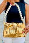 Buy_PRERTO_Gold Stone Studded Alphabeto Ruched Solid Bag _at_Aza_Fashions