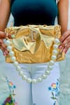 PRERTO_Gold Stone Studded Alphabeto Ruched Solid Bag _Online_at_Aza_Fashions