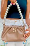 Buy_PRERTO_Brown Stone Studded Personalized Alphabeto Ruched Bag _at_Aza_Fashions
