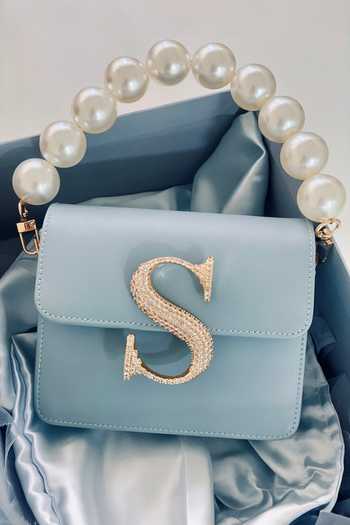 PRERTO_Blue Stone Studded Initial Crossbody Bag _Online_at_Aza_Fashions