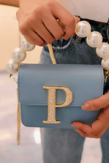 Buy_PRERTO_Blue Stone Studded Initial Crossbody Bag _Online_at_Aza_Fashions
