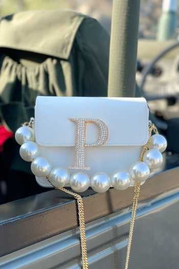 Shop_PRERTO_White Stone Studded Alphabeto Crossbody Box Shaped Bag _at_Aza_Fashions