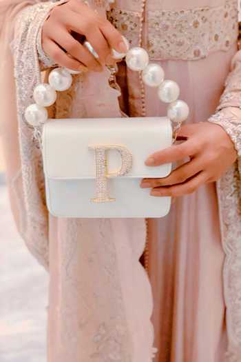 PRERTO_White Stone Studded Alphabeto Crossbody Box Shaped Bag _Online_at_Aza_Fashions