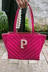 Buy PRERTO Fuchsia Embellished Personalized Quilted Geometric Pattern Tote Bag at Aza Fashions Buy_PRERTO_Fuchsia Embellished Personalized Quilted Geometric Pattern Tote Bag _at_Aza_Fashions
