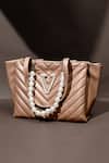 Shop_PRERTO_Beige Pearls Personalized Quilted Tote Bag With Embellished Strap _at_Aza_Fashions