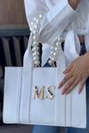 Buy_PRERTO_White Embellished Diana Personalized Initial Vegan Leather Tote Bag _at_Aza_Fashions
