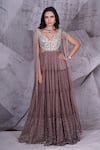 Buy_Archana Kochhar_Grey Georgette Kasab Thread Embroidery V Neck Cosmo Enchanted Tiered Anarkali _at_Aza_Fashions