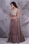 Archana Kochhar_Grey Georgette Kasab Thread Embroidery V Neck Cosmo Enchanted Tiered Anarkali _Online_at_Aza_Fashions