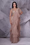 Buy_Archana Kochhar_Beige Pre-draped Saree Georgette Stones Embroidery V Neck Ruffle With Blouse _at_Aza_Fashions