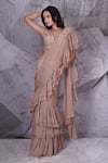 Archana Kochhar_Beige Pre-draped Saree Georgette Stones Embroidery V Neck Ruffle With Blouse _Online_at_Aza_Fashions