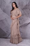 Buy_Archana Kochhar_Beige Pre-draped Saree Georgette Stones Embroidery V Ruffle Tiered Blouse Set _at_Aza_Fashions