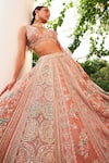 Buy_Osaa by Adarsh_Coral Organza Applique Embroidered Aari Blouse Bridal Lehenga Set  