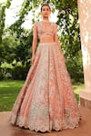 Shop_Osaa by Adarsh_Coral Organza Applique Embroidered Aari Blouse Bridal Lehenga Set  