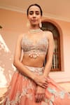 Shop_Osaa by Adarsh_Coral Organza Applique Embroidered Zardosi V Aari Bridal Lehenga Set  _at_Aza_Fashions