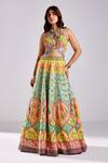 Buy_Diyarajvvir_Green Silk, Crepe Beads, Sequins Halter Neck Lotus Print Embellished Lehenga Set _at_Aza_Fashions