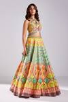 Diyarajvvir_Green Silk, Crepe Beads, Sequins Halter Neck Lotus Print Embellished Lehenga Set _Online_at_Aza_Fashions