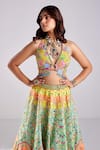 Buy_Diyarajvvir_Green Silk, Crepe Beads, Sequins Halter Neck Lotus Print Embellished Lehenga Set _Online_at_Aza_Fashions