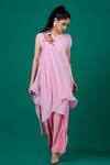 Buy_Megha Garg_Pink Flat Chiffon Hand Embroidered Thread Patchwork V Neck Draped Top And Pant Set _at_Aza_Fashions