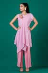 Megha Garg_Pink Flat Chiffon Hand Embroidered Thread Patchwork V Neck Draped Top And Pant Set _at_Aza_Fashions