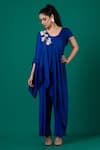 Buy_Megha Garg_Blue Art Crepe Hand Embroidered Thread Patchwork V Neck Draped Top And Pant Set_at_Aza_Fashions