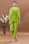 Shop_Khwaab by Sanjana Lakhani_Green Top Georgette Zari Work V Neck Kaftan And Cigarette Pant Set _Online_at_Aza_Fashions