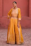 PUNIT BALANA_Yellow Silk Embroidery Marodi Cape Open Rani Sa Sharara Set  _Online_at_Aza_Fashions