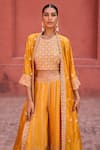 Buy_PUNIT BALANA_Yellow Silk Embroidery Marodi Cape Open Rani Sa Sharara Set  _Online_at_Aza_Fashions