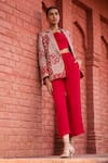 PUNIT BALANA_Red Chanderi Silk Embroidery Mirror Jacket Jaipur Trouser Set  _Online_at_Aza_Fashions