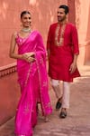 Buy_PUNIT BALANA_Red Organza Silk Embroidery Mirror Halter Border Saree With Blouse _Online_at_Aza_Fashions