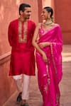 Shop_PUNIT BALANA_Red Organza Silk Embroidery Mirror Halter Border Saree With Blouse _Online_at_Aza_Fashions