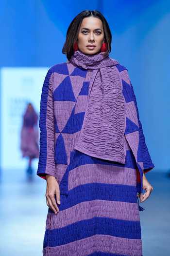 Shop_KA-Sha_Blue Kala Cotton Striped Round Pattern Ruched Tunic Dress _at_Aza_Fashions