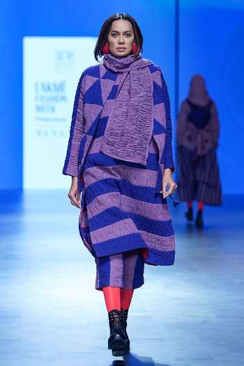 KA-Sha_Blue Kala Cotton Striped Round Pattern Ruched Tunic Dress _Online_at_Aza_Fashions