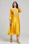 Buy_Bhusattva_Yellow Organic Silk Embroidered Mirrorwork Notched Placket Kurta  _at_Aza_Fashions