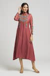 Buy_Bhusattva_Brown Organic Silk Embroidered Thread Band Collar Floral Kurta  _at_Aza_Fashions