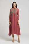 Bhusattva_Brown Organic Silk Embroidered Thread Band Collar Floral Kurta  _Online_at_Aza_Fashions