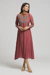 Buy_Bhusattva_Brown Organic Silk Embroidered Thread Band Collar Floral Kurta  _Online_at_Aza_Fashions