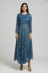 Bhusattva_Blue Silk Pearls, Sequins Round Neck Embellished Shrug With Dress _at_Aza_Fashions