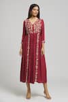 Buy_Bhusattva_Red Silk, Jacquard Embroidery V-neck Thread Dress _at_Aza_Fashions