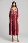 Bhusattva_Red Silk, Jacquard Embroidery V-neck Thread Dress _Online_at_Aza_Fashions