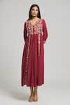 Buy_Bhusattva_Red Silk, Jacquard Embroidery V-neck Thread Dress _Online_at_Aza_Fashions