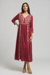 Shop_Bhusattva_Red Silk, Jacquard Embroidery V-neck Thread Dress _Online_at_Aza_Fashions