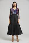 Bhusattva_Black Silk Sequins Round Neck Stripe Pattern Yoke Dress _Online_at_Aza_Fashions