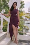 Buy_saangi by shubhangi_Wine Crepe Plain One Shoulder Draped Dress _at_Aza_Fashions